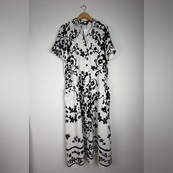 Linen Blend Zara Shirt Dress Minimalist Black White Print Button Down Pockets XL - Picture 16 of 16